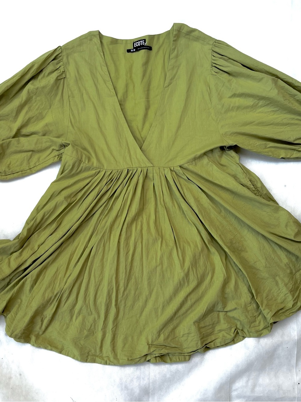 Ecote 100% Cotton Olive Green V-Neck Pleated mini dress